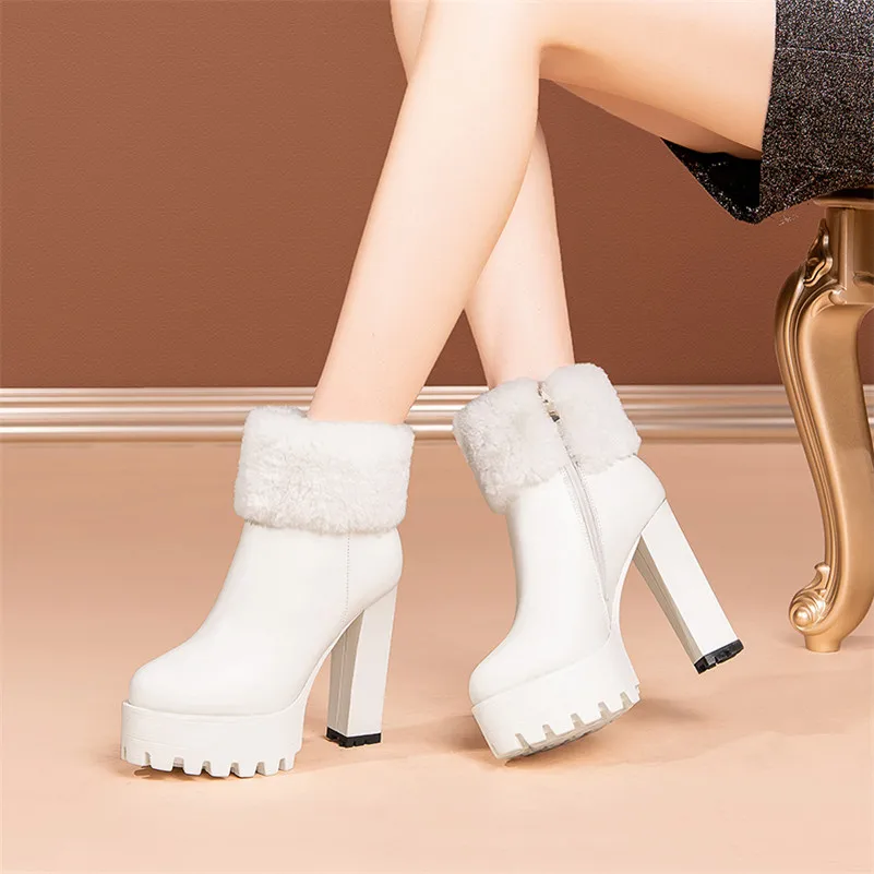 

ANNYMOLI Real Leather Platform Block Heels Short Boots Super High Heel Boots Women Shoes Zipper Round Toe Fashion Ankle Boots 40