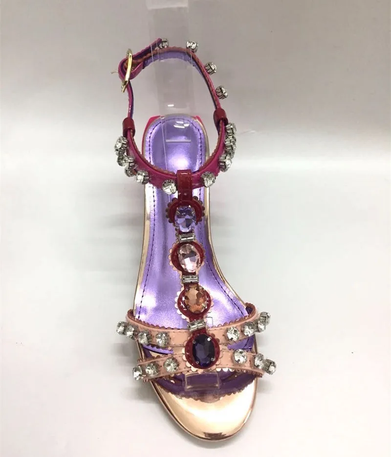 

Chic women's rhinestone T-strap sandals summer high heeled sandals shoes