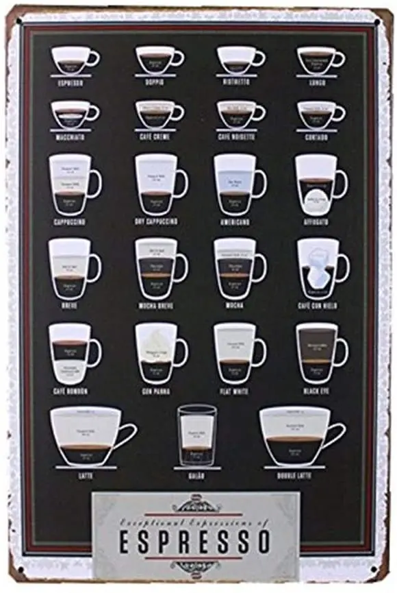 

Types of Espresso's Cup Metal Tin Sign Bar Pub Wall Decor Poster Cafe Art (M0038)
