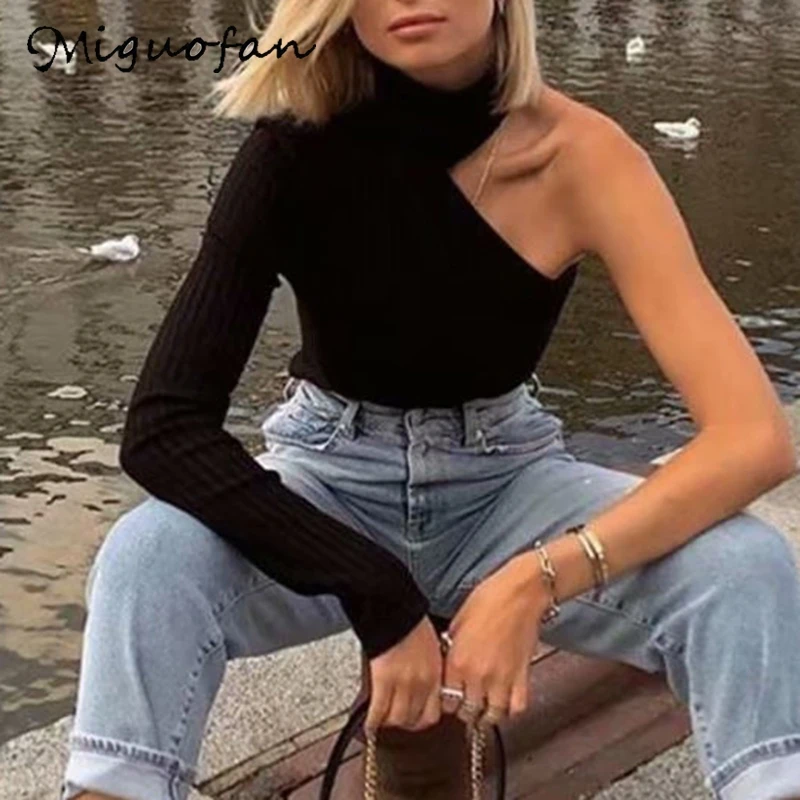 Miguofan women sweaters one shoulder sweater turtleneck jumpers stretchy asymmetrical pullovers female chic knit tops | Женская одежда