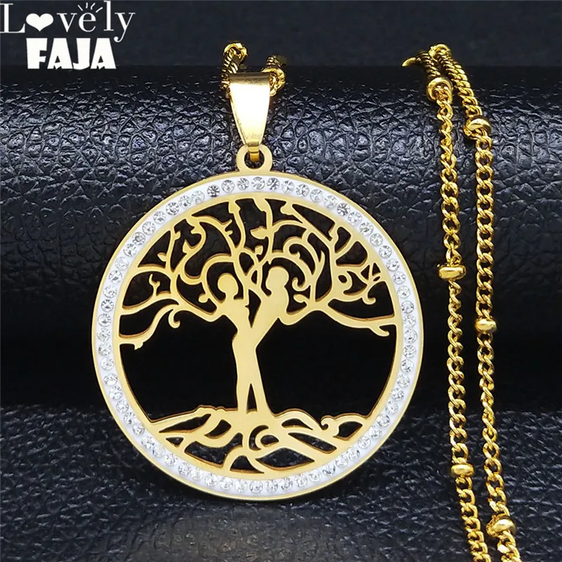 

Women and Men Love Crystal Tree of Life Stainless Steel Women Gold Color Charm Necklace Jewelry Christma Gift bijoux femme N21
