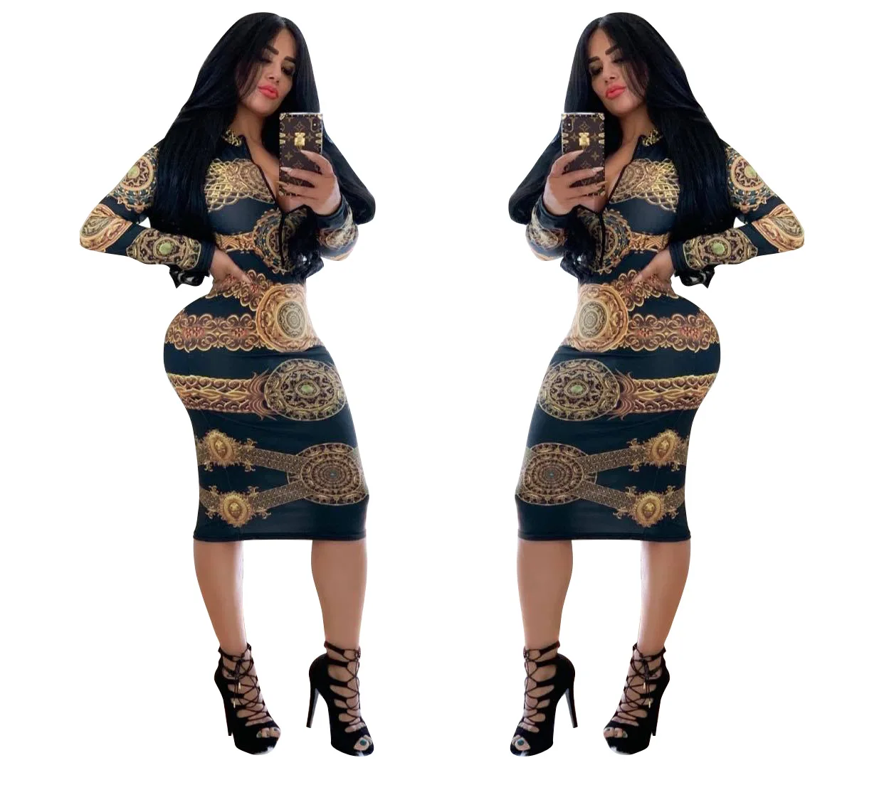 Женское платье футболка с разрезом Повседневное длинным рукавом в африканском