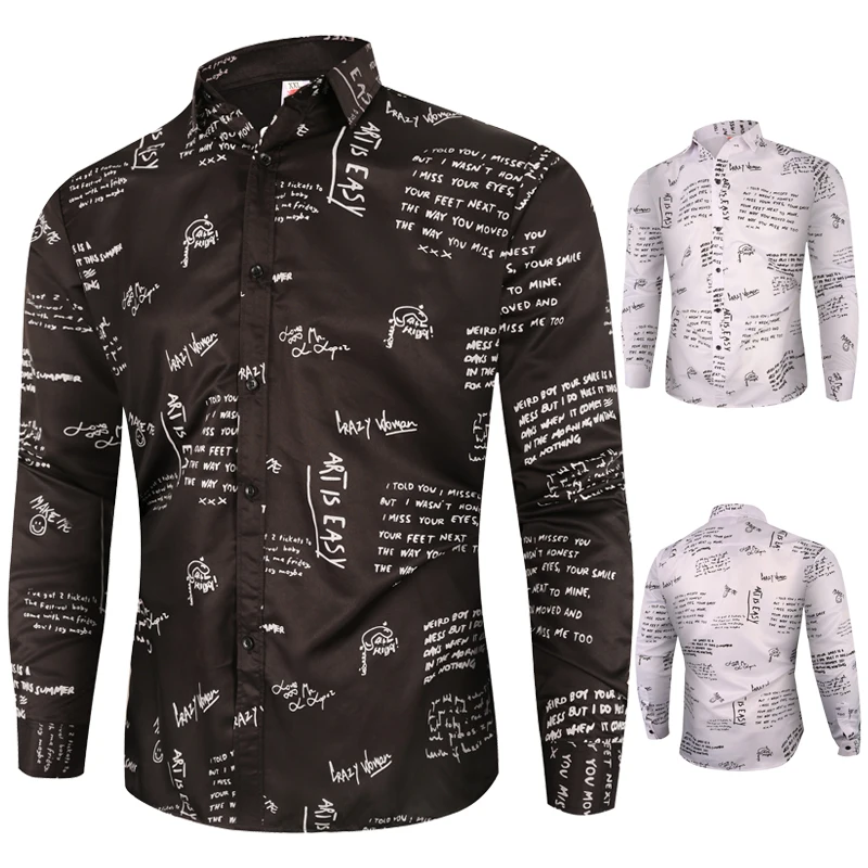 

Trendy Handwriting Letter Printed Shirt Men Long Sleeve Mens Shirts Regular Fit All Season Casual Shirts Popular Streetwear