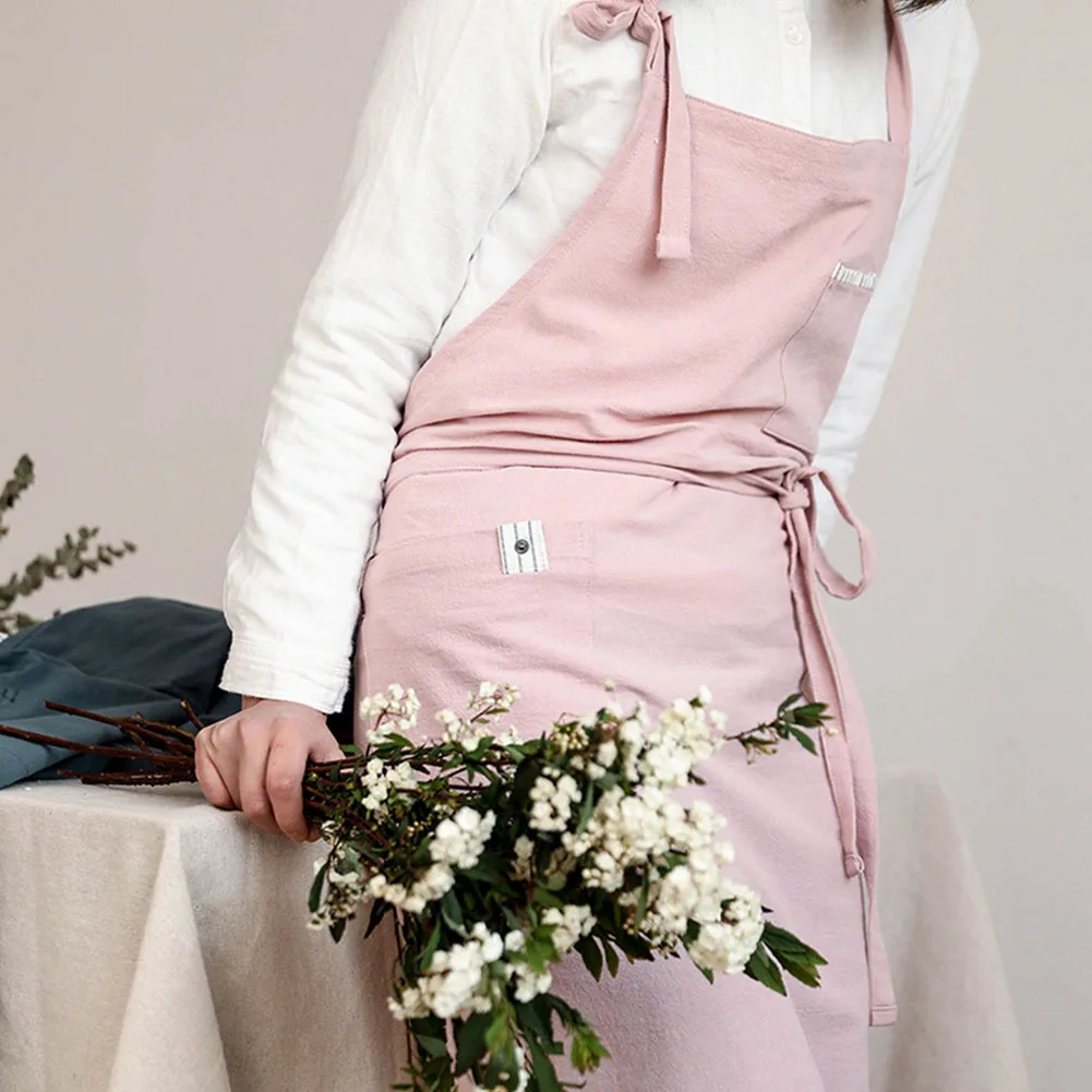 

Japanese Style Cotton Blend Apron Casual Painting Adjustable Solid Cooking Kitchen Apron Home Gardening Work Bib With Pockets
