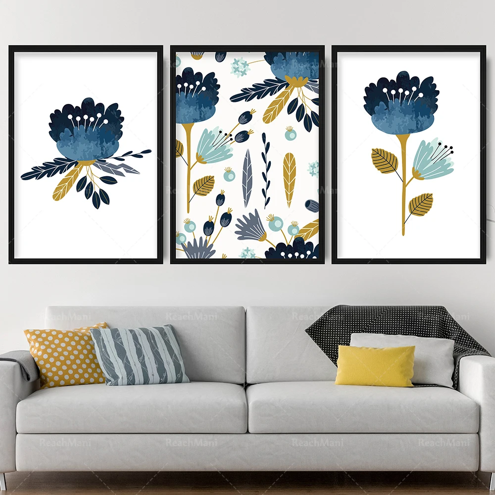 

Prints Abstract Spring Floral Blue Yellow Art PRINT Falling Flowers Leaves Wall Art Picture Gallery Wall Poster Decor Gift