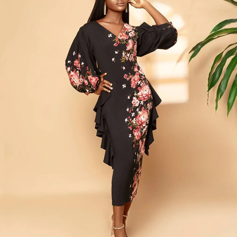 

Floral Printed Dresses Women 2021 Autumn Long Sleeves Fashion Ruffles Pleated Sexy Bodycon V-Neck Female Vintage Midi Dress