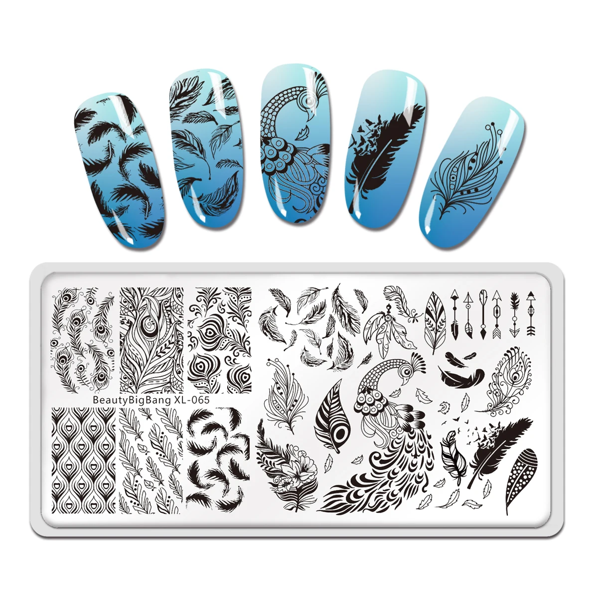 

Beautybigbang Nail Stamping Plate Feather Image Nail Template Print Stencil Peacock Stainless Steel Art Stamp Templates XL-065