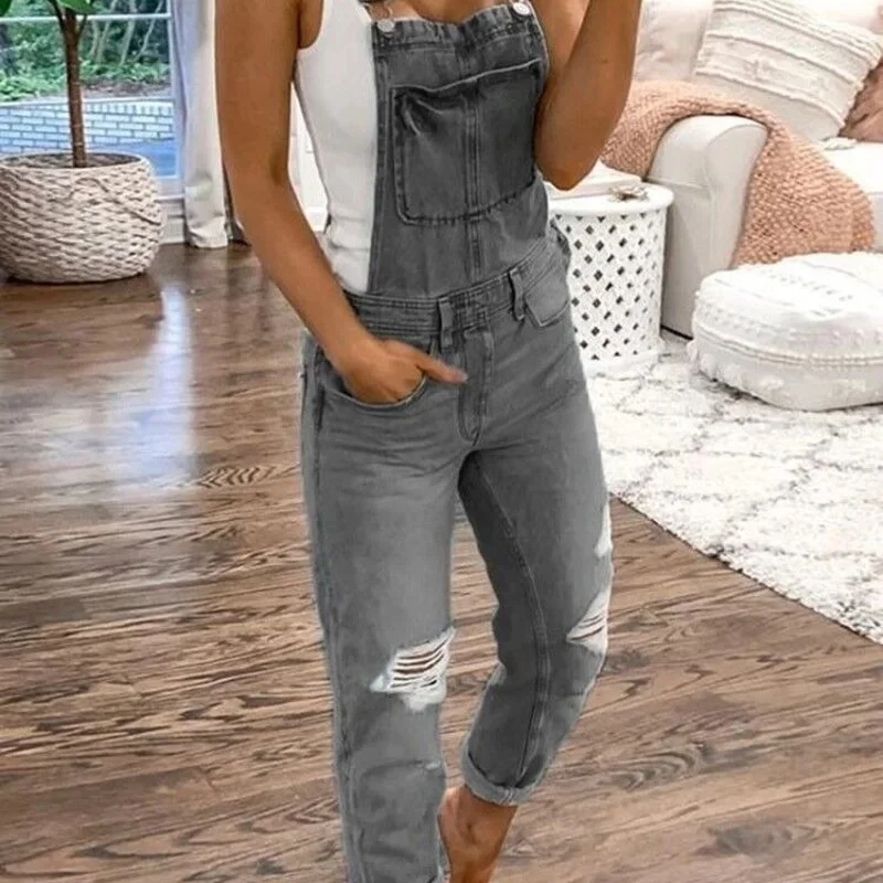 

Women Denim Bib Overalls Jeans Jumpsuits and Rompers Ladies Ripped Hole Casual Long Playsuit Pockets Jumpsuit Womens Fashion