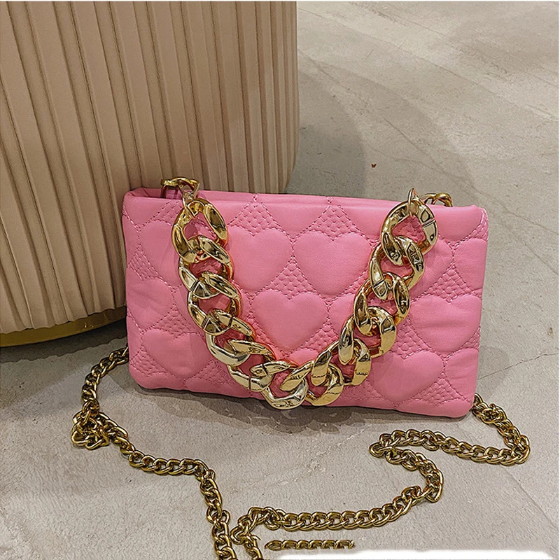 

Soft Gold Metal Chain PU Leather Armpit Retro Shoulder Small Suqare Bag Heart Cute Purses Luxury Brand Red Clutch Purse