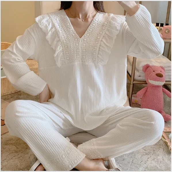 Fdfklak Nursing Pyjama Nightwear Clothes Cotton Breastfeeding Sleepwear Top+Pants Pajamas Set Pregnant Women Pregnancy Spring enlarge
