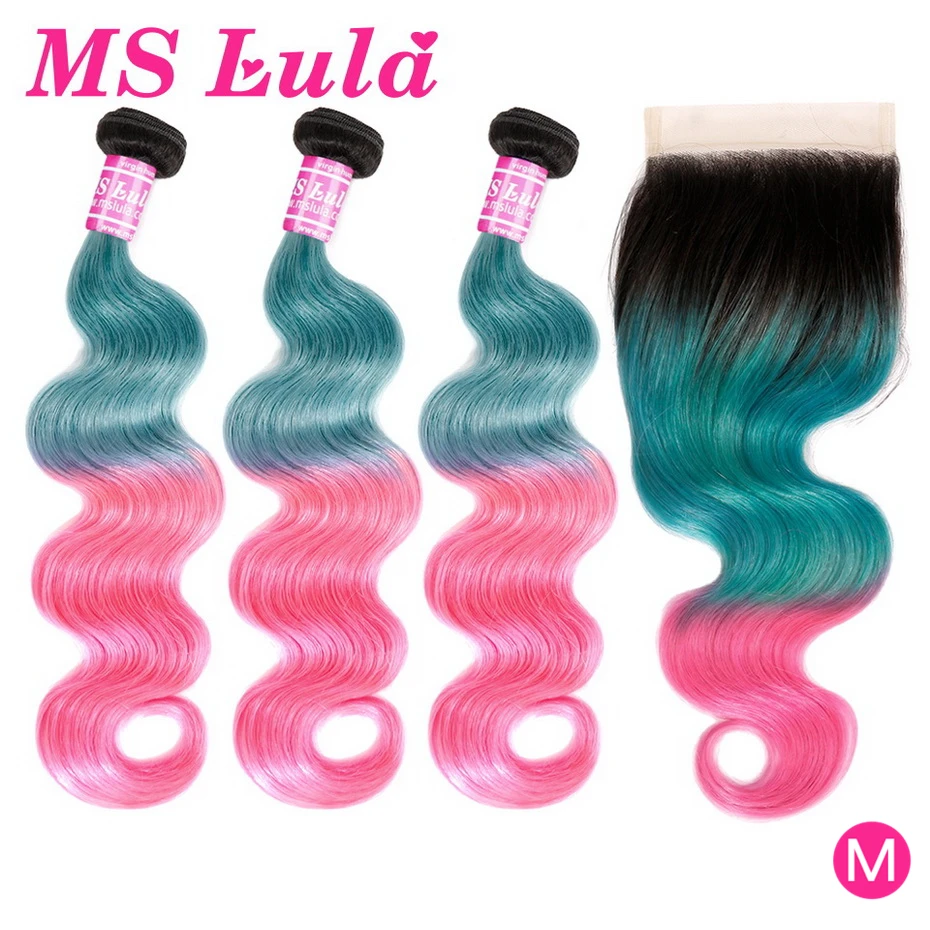 Бразильские волнистые 3 пучка с застежкой 4x4 мс Lula Remy Омбре голубые и розовые