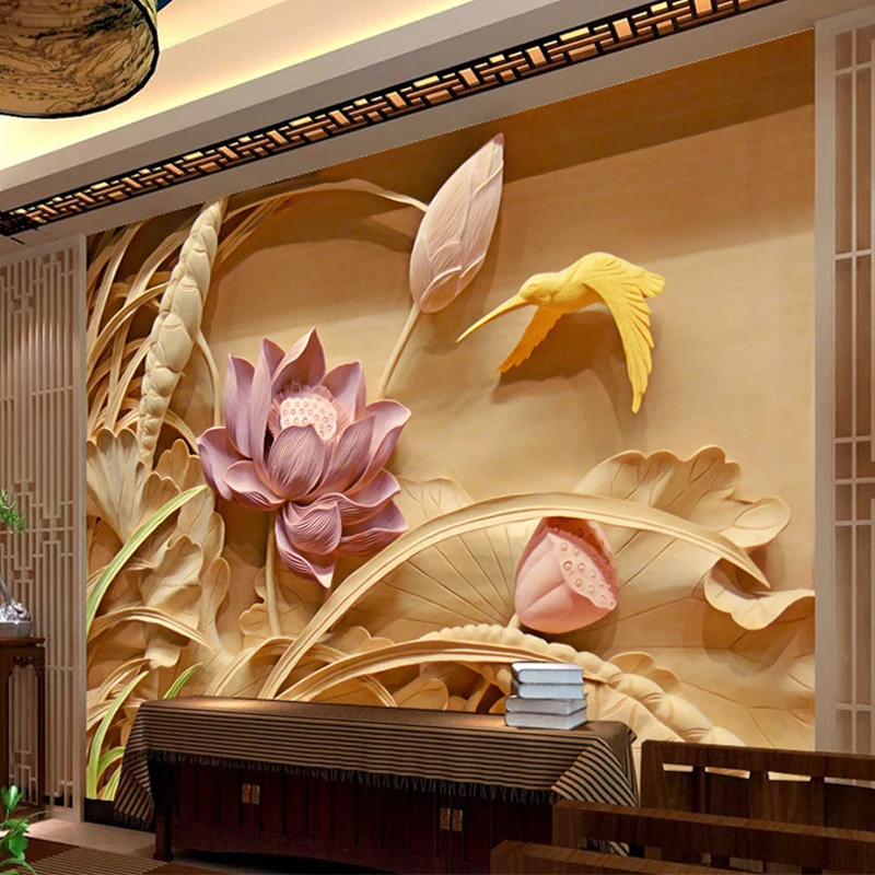 Объемные деревянные рельефные 3D-обои Lotus с глубокой текстурой настенная 3D Фреска