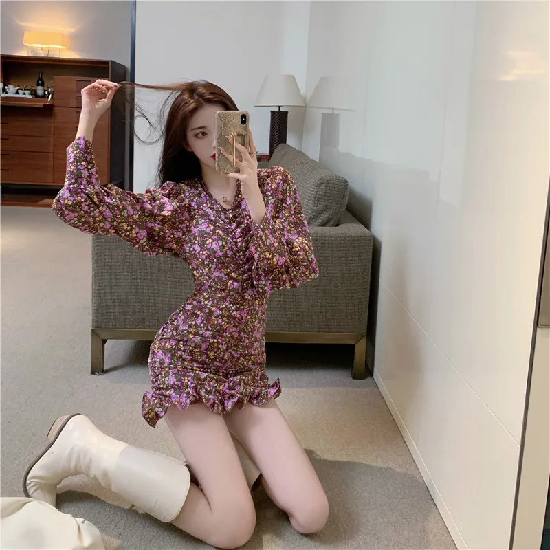 

Spring 2021 New High-quality Purple V-neck Pleated Fishtail Dress Dresses Women Women Dresses Summer