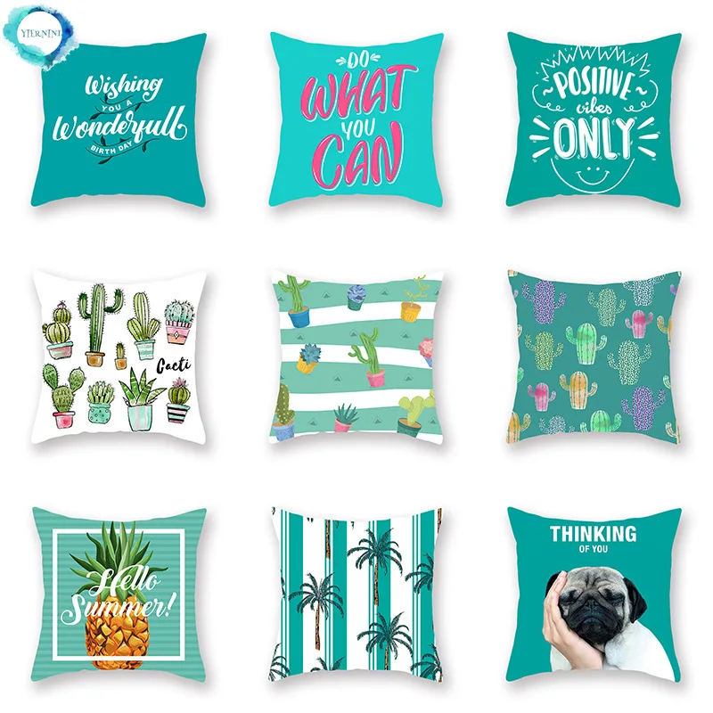 

Summer Style Green Polyester Cushion Cover Cactus Pineapple Coconut Tree Decorative Pillowcases Sofa Bed Living Room Home Decor