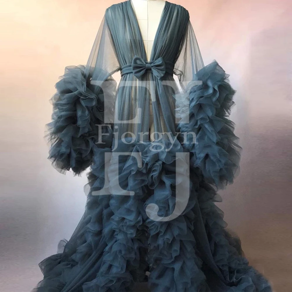 

Adorable Pregnancy Dresses for PhotoShoot Loose Beach Summer Dress with Bow Open Front Sheer Tulle Robe Prom Gown Real Image