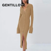 sexy bodycon knitted long dress women autumn winter turn down collar button split slim sweater dress vintage y2k party evening