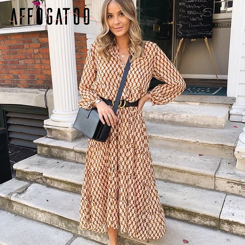 Женское богемное платье с геометрическим принтом afogatoo повседневное длинное