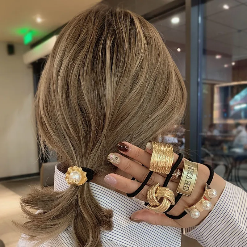 

Fashion Women Gold Alloy Hair Ties For Girls Ponytail Holder Pearl Elastic Hair Ropes Bands Punk Gothic Letter Hair Accessories