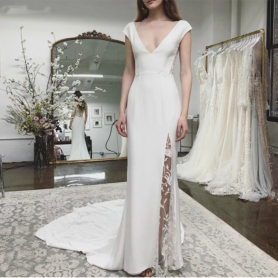 

Cap Sleeves Mermaid Dress Appliques Sexy Lace Side High Split Wedding Dresses For Women Bridal Gowns Formal Party Robe de Mariée
