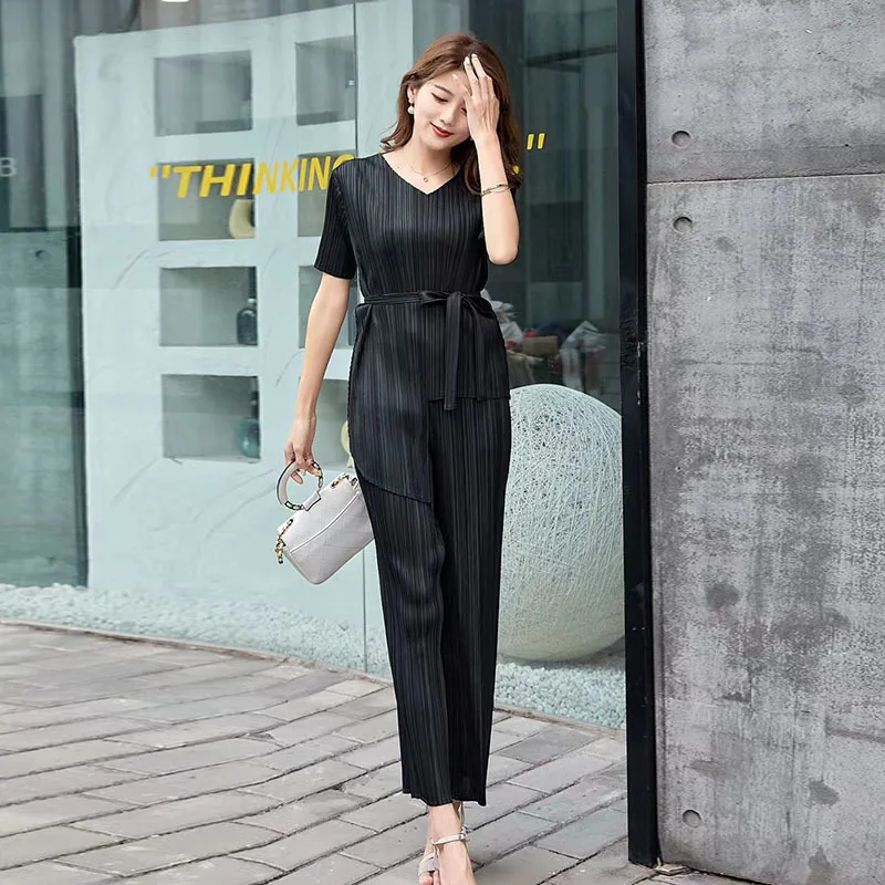 

CHICEVER Striped Two Piece Set For Women O Neck Short Sleeve Asymmetrical Tops High Waist Wide Leg Pants Casual Sets Female Tide