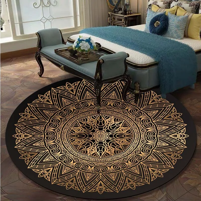 

Flower Round Carpet Lotus Chair Floor Mat Soft Carpet Living Room Non-slip Carpet Bedroom Decoration Vintage Black and Gold