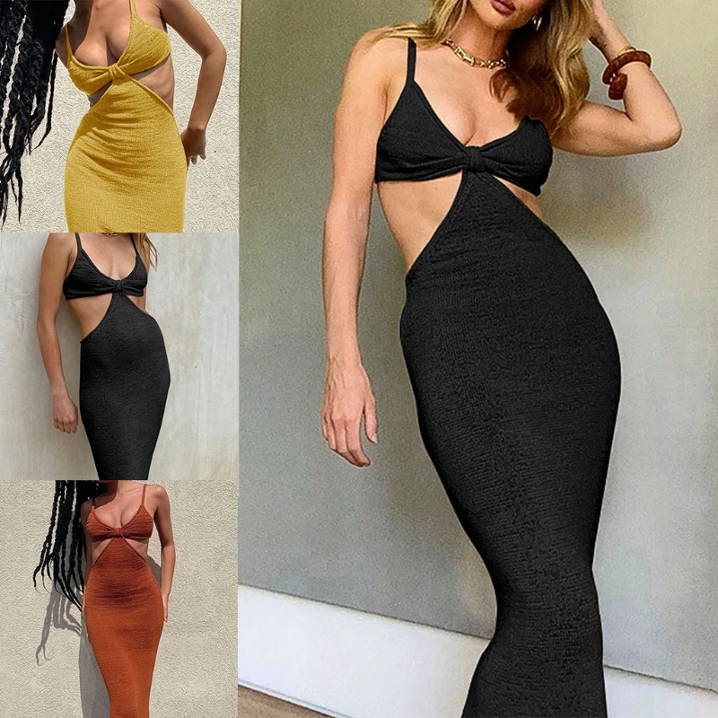 

Women Spaghetti Strap Knitted Bodycon Maxi Dress Sexy V-Neck Cutout Sundress H7EF