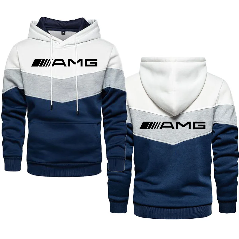 

Men's Patchwork Hooded Sweatshirt AMG car logo print Casual Loose Fleece Warm Streetwear Male Fashion Autumn Winter Men's Hoodie