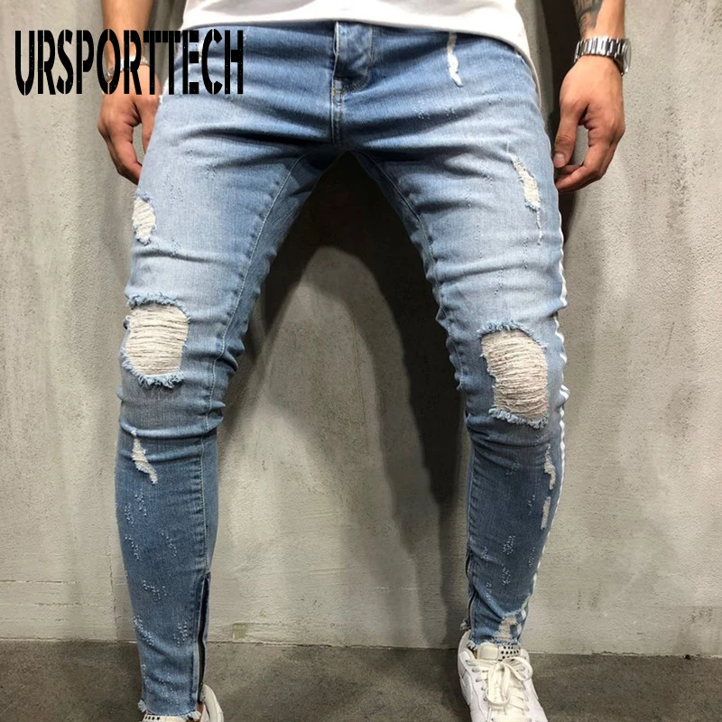 Новые модные мужские джинсы обтягивающие Стрейчевые потертые рваные свободные