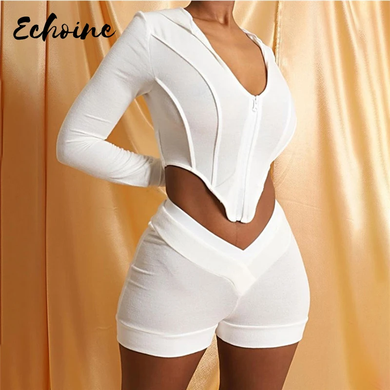 

Women Sporty V-Neck Asymmetry Zipper Full Sleeve Crop Top Biker Shorts Tracksuit Matching Set Fitness Casual Solid Outfits
