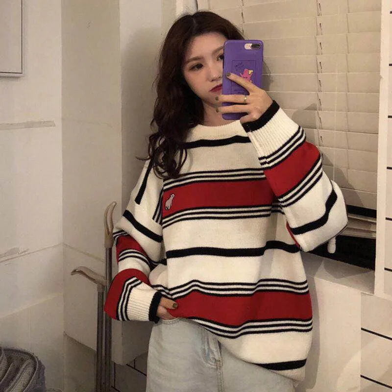 Женский свитер в полоску Kawaii Ulzzang, Ретро стиль, для колледжа, свободные облака, женский, корейский, панк, тонкий, милый, свободный, Harajuku, одежда для женщин