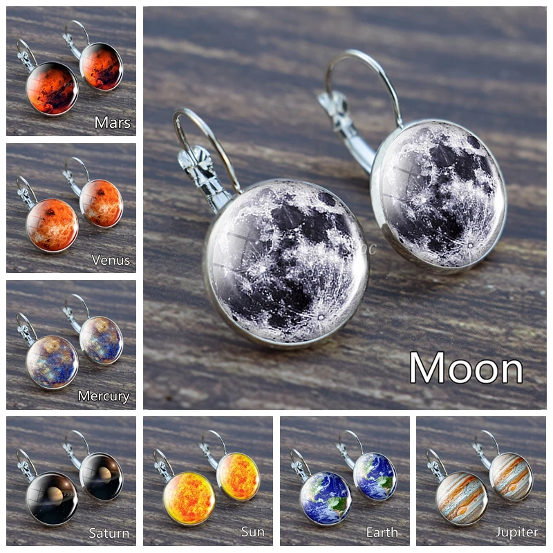 Серьги подвески в виде Луны солнечной системы земли солнца Марса Сатурна звезд
