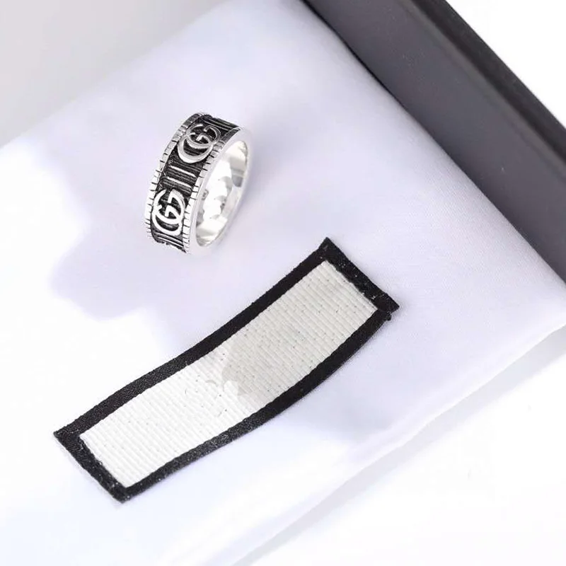 

1:1 Classic 925 Silver Ring GG Retro Distressed Craft Charm Ring Free Gift Box