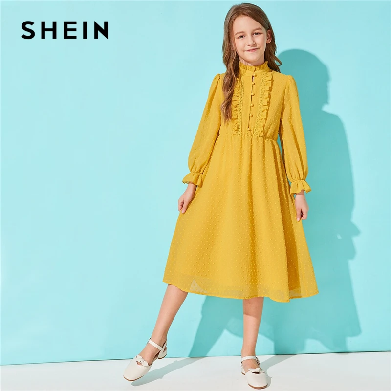 SHEIN/милое однотонное платье с воротником-стойкой и оборкой на пуговицах спереди для девочек г. Осенние детские платья средней длины в швейцарский горошек с длинными рукавами