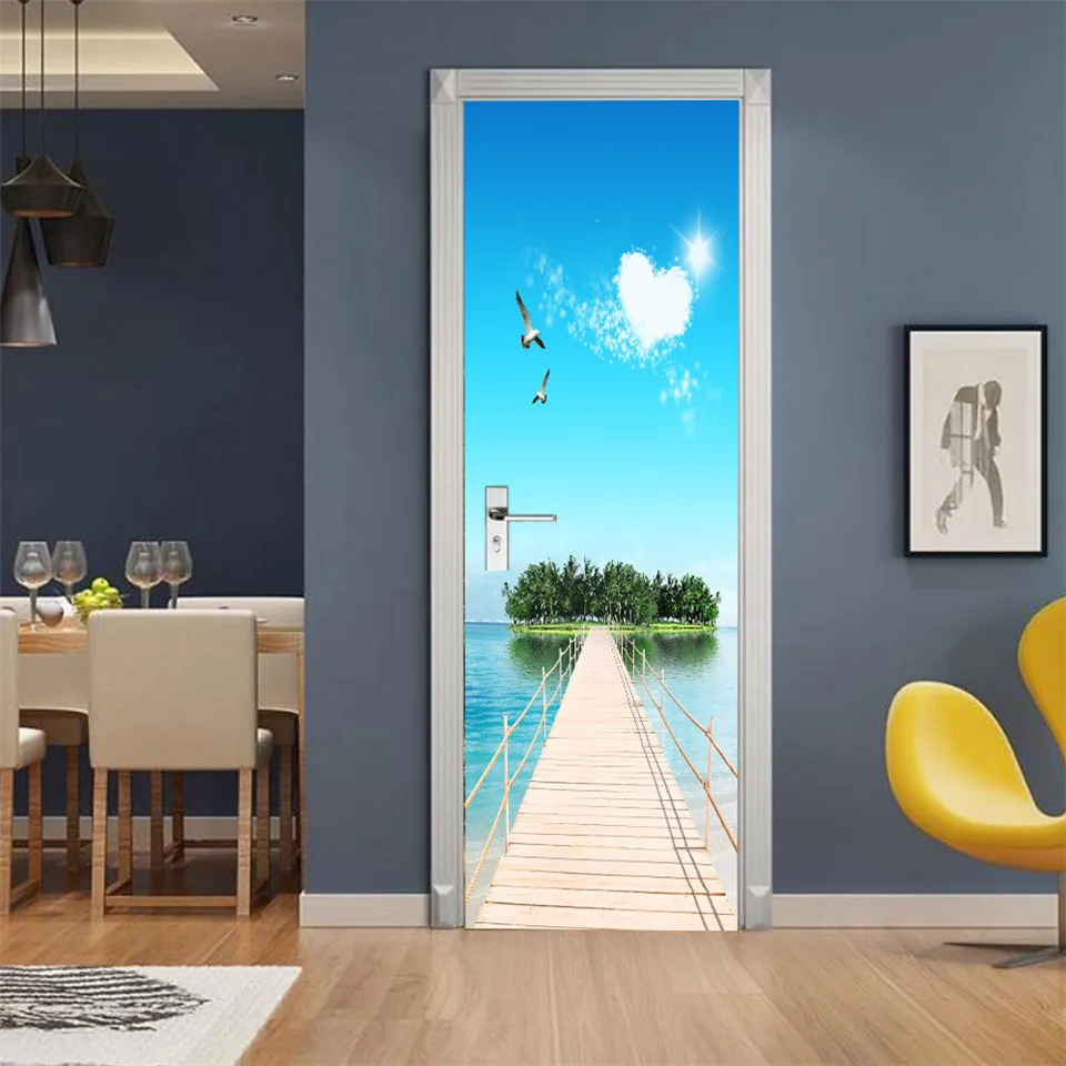 Beach Sun Self-adhesive Door Wallpaper 3D PVC Home Design Decoration Sticker Porte Scenery Poster Mural Wall Decals deursticker | Дом и сад