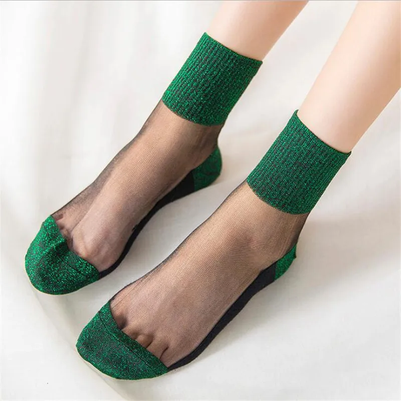 

Summer Fashion Women Ultrathin Transparent Socks Glitter Crystal Glass Silk Socks Beautiful Lace Shiny Elastic Short Socks