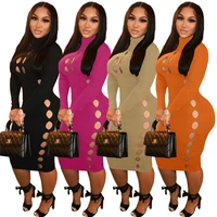 sexy women dress hollow out solid color streetwear party night full sleeve winter clothes for women vestidos