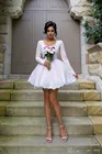 Женское Короткое атласное свадебное платье, белое кружевное розовое платье с длинными рукавами и аппликацией, дизайнерское свадебное платье с V-образным вырезом для сельского сада