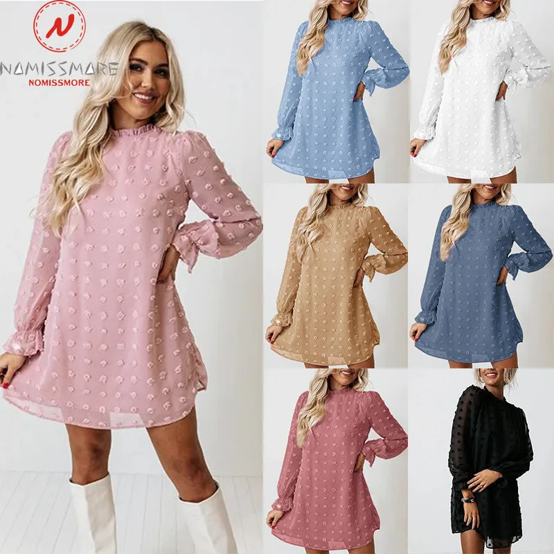 

Fashion Women Solid Color Jacquard A-Line Dress Patchwork Design Ruffled Collar Puff Sleeve High Waist Spring Autumn Mini Dress