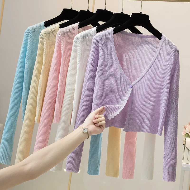 

Knitted Cardigan Long Sleeve Shirts Jumpers Woman Striped Sweater Sueter Mujer Ribbed Single Button Cropped Tops Pink Blouse