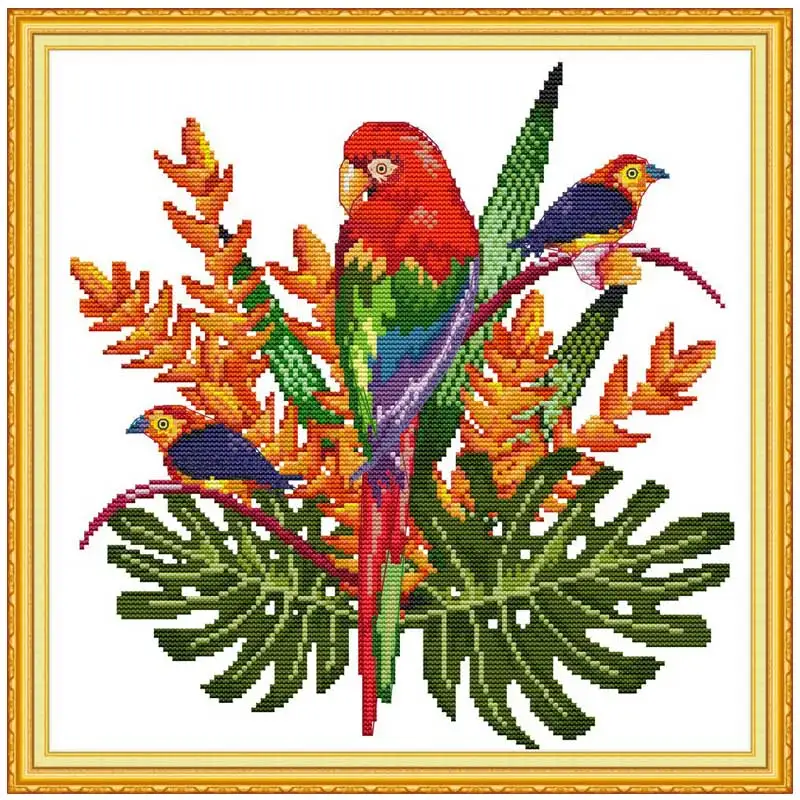 Набор для рукоделия с изображением попугая и листьев животных напечатанный на