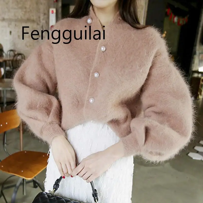 

FENGGUILAI Winter Chic Pearls Mohair Sweater Lantern Sleeved Knitted Cardigan Buckles Sweater Velvet Jacket Oversized Sweater To
