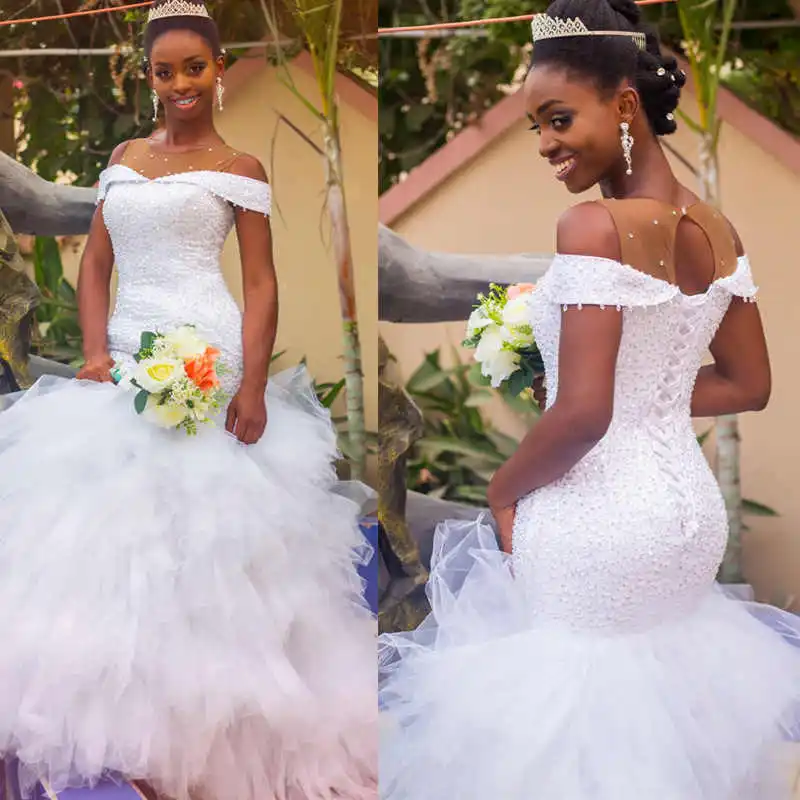 

Fashionable Off the Shoulder Tulle Jewel Neckline Ruffle Mermaid Wedding Dress Beadings Ruffles Tulle Bridal Gowns 2020
