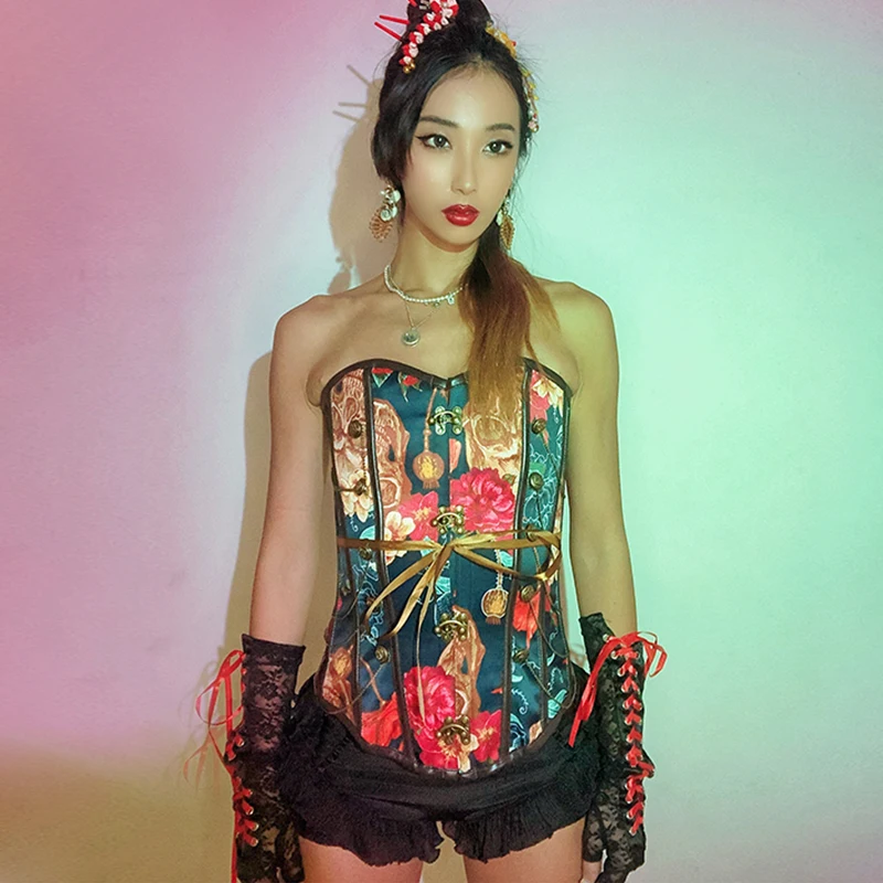 

Retro Printing Nightclub Gogo Jazz Dancing Performance Costume Suit For Women Bar DJ Singer Dancer Show Stage Wear VDB3754