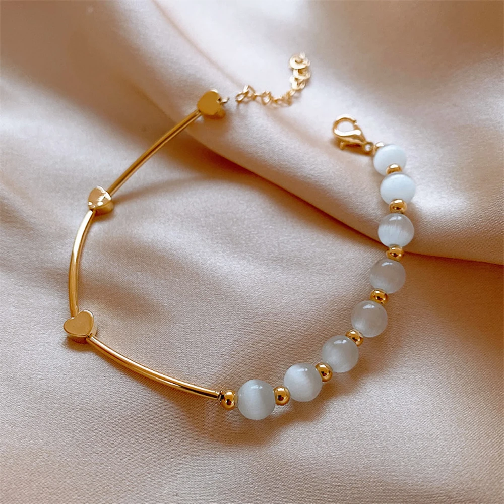 

2021 Korean Fashion Opal Round Bead Heart Shaped Metal Bracelet for Women Luxury Unusual Bracelet Jewelry for Classic Party Girl