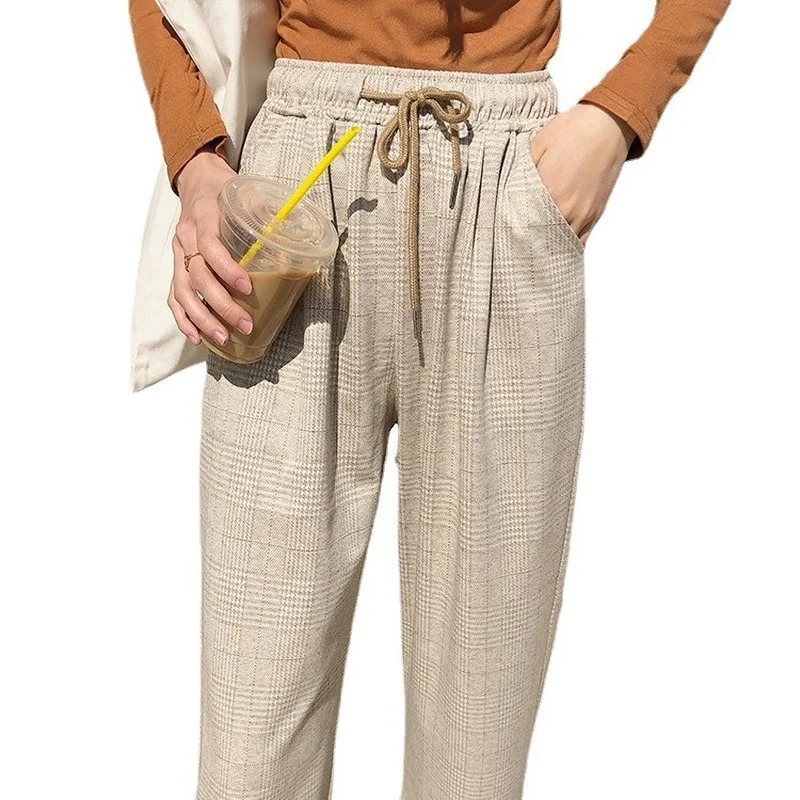 

ZAWAHIKI Spring 2021 Casual Loose Vintage Plaid Women's Pants Elastic Waist Drawstring Trousers Straight Full Length Pants