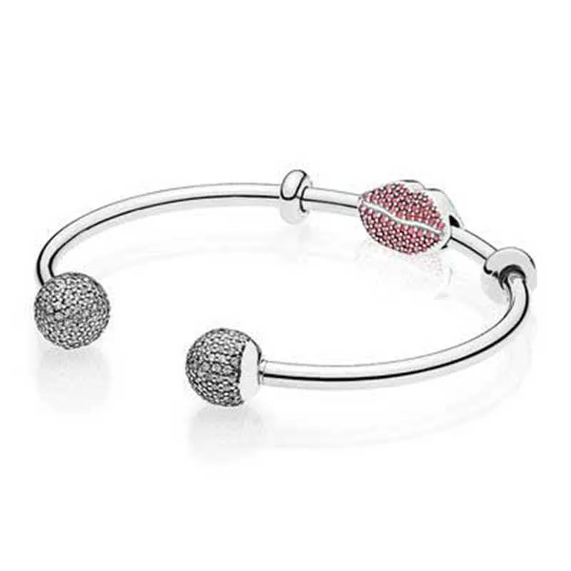 

NEW 925 Sterling silver SPARKLING KISS OPEN BANGLE GIFT SET Clear CZ fit DIY Original charm Bracelets jewelry A set of prices