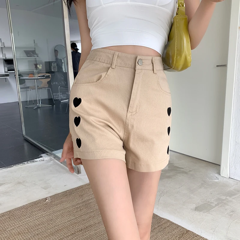 

Khaki Denim Shorts Shorts Women Embroidered Love High Waist Wide Leg Soft Denim Shorts Summer Student Girl Casual Outfit Trouser