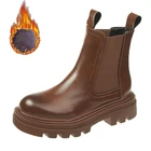 Женские ботинки челси 2021, ботильоны из искусственной кожи, осенне-зимние ботинки для женщин, коричневые, бежевые, черные ботинки на платформе, привлекательные короткие меховые ботинки