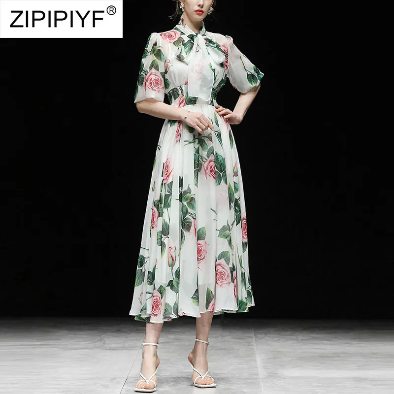 

2021 Summer Runway Fashion Bohemian Style Floral Printing High Waist Bow Short Lantern Sleeve Ball Gown Long Beach Dresses Z082