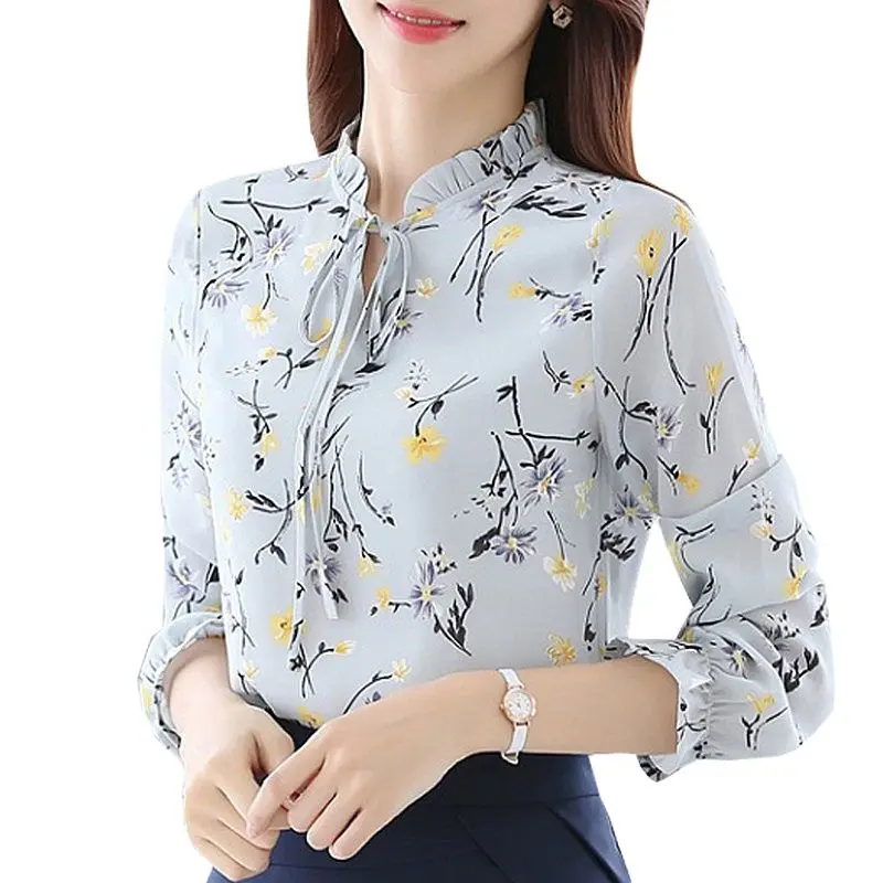 

Fashion Floral Tops Women Spring Autumn Long Sleeve Print Chiffon Shirts Elegant Office Lady Clothes All Match